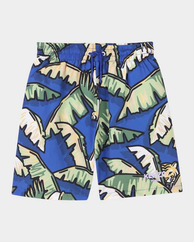 Boy's Jungle-Print Swim Shorts, Size 6-